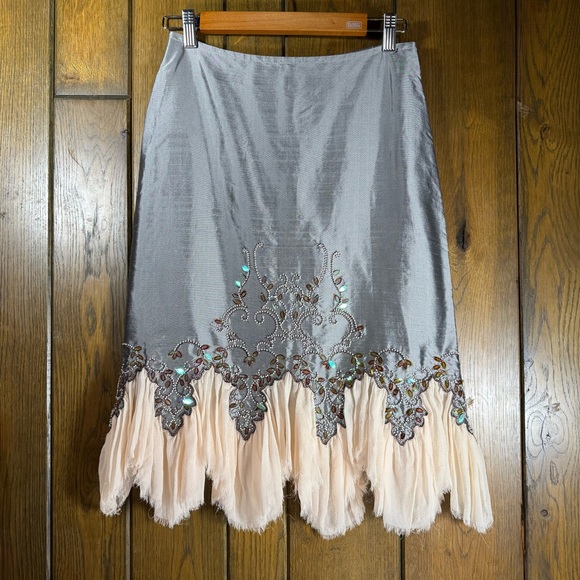 mac & jac Dresses & Skirts - mac & jac Steel Grey Beaded Silk Pencil Skirt with Peachy Pink Flutter Hem (2)